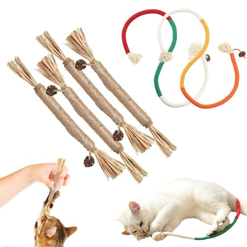 Katzenminze Spielzeug 4 Stück Katzenminze Stick Katzenspielzeug mit Katzenminze Katzen Sticks Geeignet für die Zahnpflege Bei Katzen Stress Abbauen mit 2 Stück Kauseilen. von Laralily