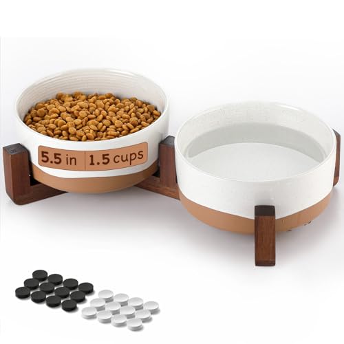 Lareina Futternäpfe für Hunde - Keramik Futternapf Set mit rutschfestem Holzständer - 2 Tassen Basic Bowl Hundefutter und Wassernapf für kleine Hunde, Katze - Vanilleweiß von Lareina