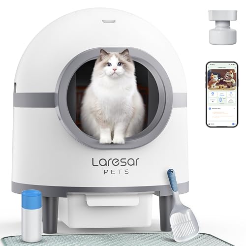 Laresar Pets Selbstreinigende Katzentoilette, Duale Geruchsentfernung/100% Sicherheit/APP-Überwachung/70L+9L Großer Raum/Katzenklo Selbstreinigend für Mehrere Katzen, mit Luftreiniger, Matte, Beutel von Laresar Pets