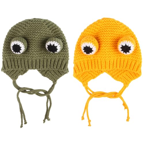 2er-Pack Winter Frosch Form gestrickt Haustier Hüte,Warme und Winddichte Wollmütze für Hunde,Gestrickte Mütze aus Wollgarn,Haustier Mütze für Halloween Party Cosplay Kostüm,Grün & Gelb von Larfraecy