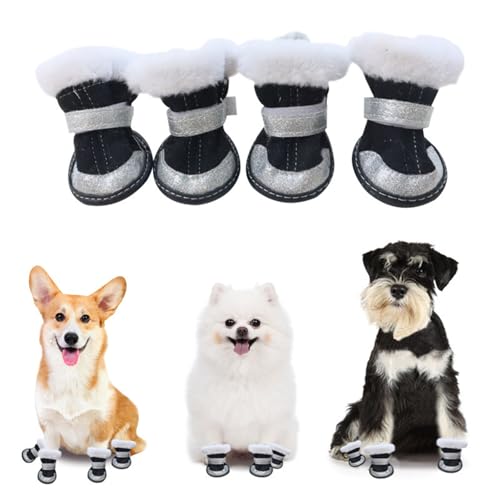 4Pcs Fleece Hundeschuhe, Anti-Rutsch-Hund Pfote Protektoren Winterwarme Hundestiefel für verletzte Pfoten Einstellbare Hundestiefel Welpenschuhe Pfotenschutz für mittlere, große Hunde (Schwarz) von Larfraecy