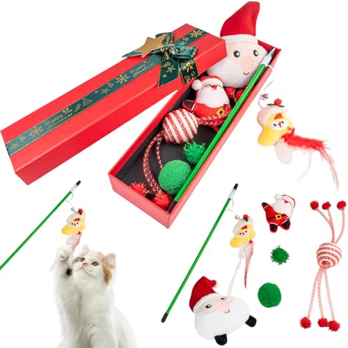 6 Weihnachten Katzen Spielzeug, Interaktives Katzenspielzeug mit Geschenkbox Weihnachts-Katzenplüschspielzeug Katze Teaser Wand Innen Katze Ball Spielzeug Weihnachten Spielzeug Geschenke für Kätzchen von Larfraecy