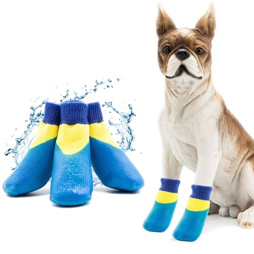 Larfraecy 4 Stück Set wasserdichte, rutschfeste Hundesocken Kleine Hundeschuhe Socken Outdoor Haustier Schuhe,Hund Pfote Protektoren Stiefel für Hunde (Blau) von Larfraecy