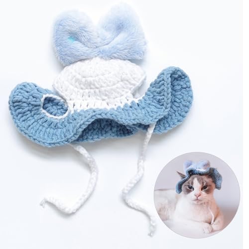 Larfraecy Haustier Katze Hut, Niedlicher Bogen Kätzchen Hut Mütze Gestrickte Katze Beanie Mütze Festliche Katze Kopfbedeckung Party Katze Kostüm Zubehör für Welpe, Katze Geburtstag, Weihnachten von Larfraecy