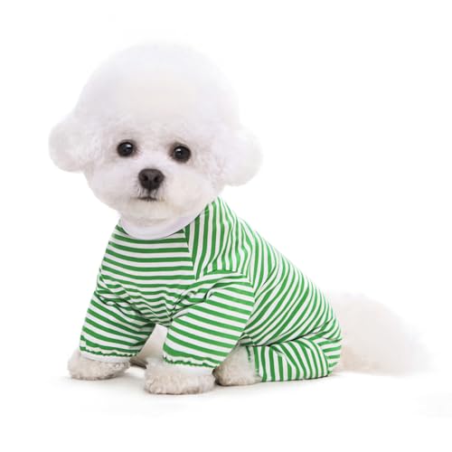 Larfraecy Niedlich Gestreifte Baumwolle Haustier Pyjamas Hund gestreiftes T-Shirt,Weiche Baumwolle T-Shirt Katze-Schlafanzug Jumpsuit Onesie Hund Kleidung für Kleine Hunde (Grün, XL) von Larfraecy