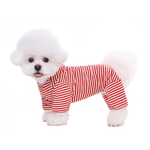 Larfraecy Niedlich Gestreifte Baumwolle Haustier Pyjamas Hund gestreiftes T-Shirt,Weiche Baumwolle T-Shirt Katze-Schlafanzug Jumpsuit Onesie Hund Kleidung für Kleine Hunde (Rot, XL) von Larfraecy