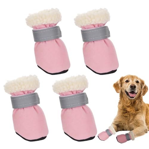 Winter Hundeschuhe, 4 Stk Warm Hundeschuhe Pfotenschutz rutschfeste Hundestiefel mit reflektierenden Bändern Innen, Außen Hundesockenschuhe für verletzte Pfotenschutz für mittel, große hunde (Rosa) von Larfraecy