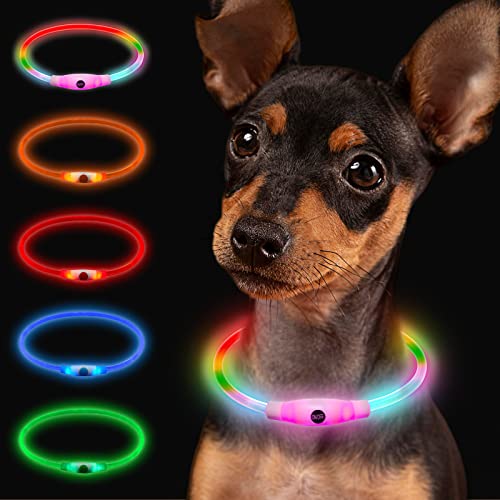 Larkumio Leuchthalsband Aufladbar LED Hundehalsband Leuchtend, Halsband Hund mit Einstellbarer Länge für Kleine Große Katze, Welpenhalsband Dog Collar Wasserdicht mit 4 Modi, Mehrfarbig von Larkumio