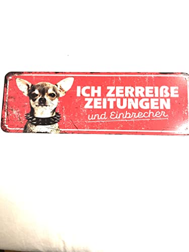 D&D Home Metall Warnschild Chihuahua " Ich zerreiße Zeitungen und Einbrecher" rot 40x13x0,3 cm von Laroy