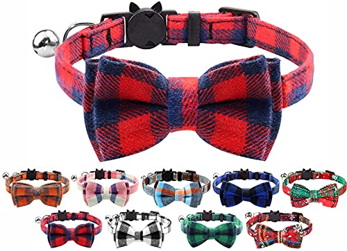 Katzenhalsband mit Glöckchen und Fliege, Schnellentriegelung, Sicherheitsschnalle für Kätzchen und Katzen, weiches Tartan-Design (Rot & Blau) von LarryRoo