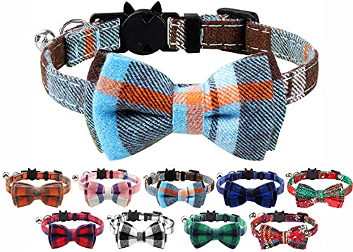 Katzenhalsband mit Glöckchen und Fliege, Schnellentriegelungs-Sicherheitsschnallen-Halsbänder für Kätzchen und Katzen, weiches Tartan-Design (Haze Blue) von LarryRoo