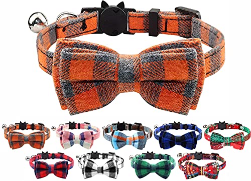 Katzenhalsband mit Glöckchen und Fliege, Schnellverschluss Sicherheitsschnalle Halsbänder für Kätzchen und Katzen, weiches Tartan-Design (Orange) von LarryRoo