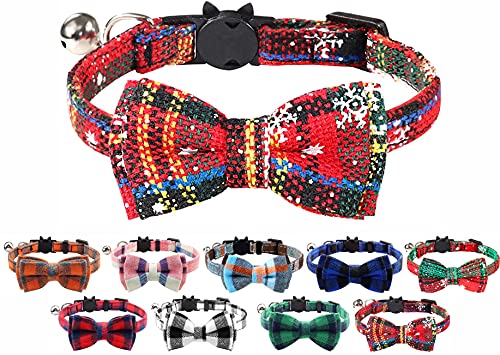 Katzenhalsband mit Glöckchen und Fliege, Schnellverschluss Sicherheitsschnalle Halsbänder für Kätzchen und Katzen, weiches Tartan-Design (Weihnachten Rot) von LarryRoo