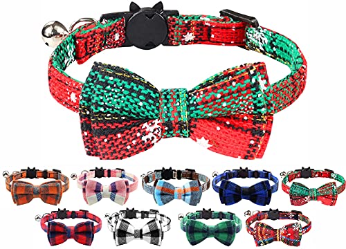 Katzenhalsband mit Glöckchen und Fliege, Schnellverschluss Sicherheitsschnalle Halsbänder für Kätzchen und Katzen, weiches Tartan-Design (Weihnachtsgrün) von LarryRoo