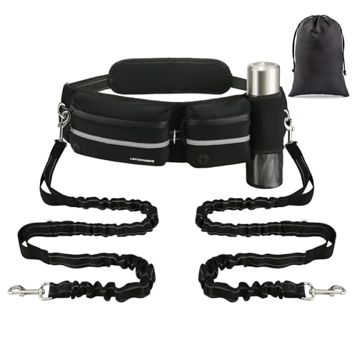 Larusnwave Hundeleine für 2 Hunde, Taillenleine für Spaziergänge mit 2 Hunden, mit Tasche, einziehbare Hundeleine, verstellbare Taille von 63,5 cm - 139,7 cm, reflektierende Laufleine für Hunde, von Larusnwave