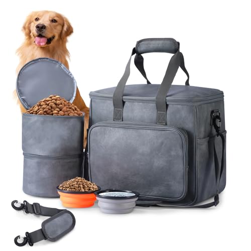 Lasaviin Hunde-Reisetasche, Leder-Reisetaschen-Set für Hund und Katze, von Fluggesellschaften zugelassener Tragetasche mit Multifunktionstaschen, 2 Lebensmittelbehälter, 2 faltbare Näpfe, von Lasaviin