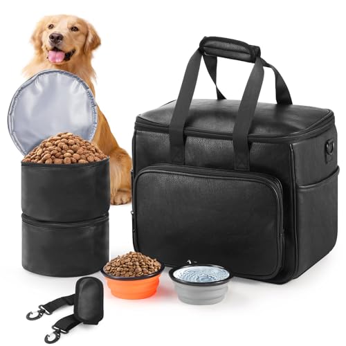 Lasaviin Hunde-Reisetasche, Leder-Reisetaschen-Set für Hund und Katze, von Fluggesellschaften zugelassener Tragetasche mit Multifunktionstaschen, 2 Lebensmittelbehälter, 2 faltbare Näpfe, von Lasaviin