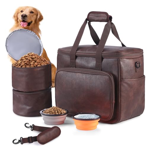 Lasaviin Hunde-Reisetasche, Leder-Reisetaschen-Set für Hund und Katze, von Fluggesellschaften zugelassener Tragetasche mit Multifunktionstaschen, 2 Lebensmittelbehälter, 2 faltbare Näpfe, von Lasaviin