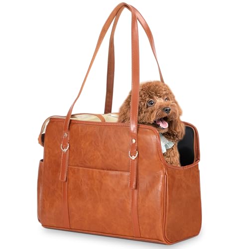 Lasaviin Hundetragetasche, modische Leder-Haustier-Tragetasche mit Taschen, von Fluggesellschaften zugelassen, weiche Seiten, für Welpen, Katzen, Hunde, Braun von Lasaviin