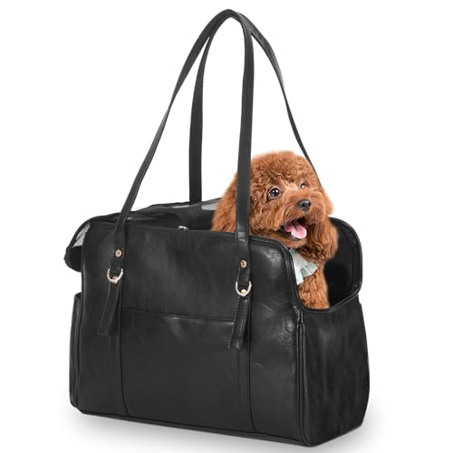 Lasaviin Hundetragetasche, modische Leder-Haustier-Tragetasche mit Taschen, von Fluggesellschaften zugelassen, weiche Seiten, für Welpen, Katzen, Hunde, Schwarz von Lasaviin