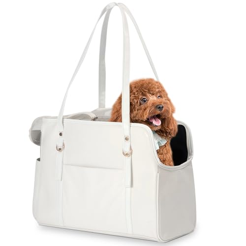 Lasaviin Hundetragetasche, modische Leder-Haustier-Tragetasche mit Taschen, von Fluggesellschaften zugelassen, weiche Seiten, für Welpen, Katzen, Hunde, Weiß von Lasaviin