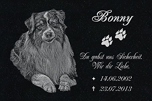 LaserArt24 Granit Grabstein - Grabplatte - Grabschmuck mit der Lasergravur des Motives Hund-ag26 (mit dem Musterbild oder Ihrem eigenen Foto - Siehe Auswahl) und Ihrem Foto/Text und Daten von LaserArt24