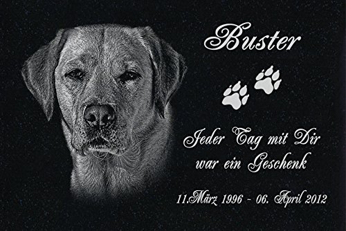 LaserArt24 Granit Grabstein - Grabplatte - Grabschmuck mit der Lasergravur des Motives Hund-ag39 (mit dem Musterbild oder Ihrem eigenen Foto - Siehe Auswahl) und Ihrem Foto/Text und Daten von LaserArt24