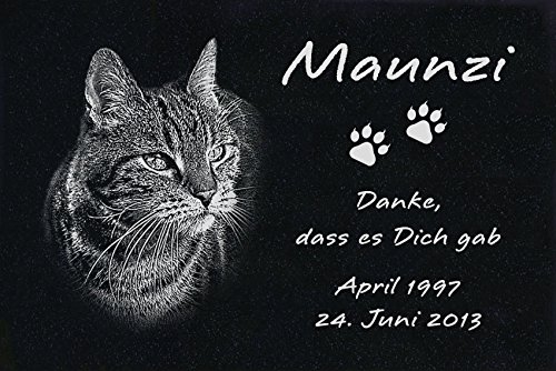 LaserArt24 GRANIT Grabstein - Grabplatte - Grabschmuck mit der Lasergravur des Motives Katze-ag22 (mit dem Musterbild oder Ihrem eigenen Foto - siehe Auswahl) und Ihrem Foto/Text und Daten von LaserArt24