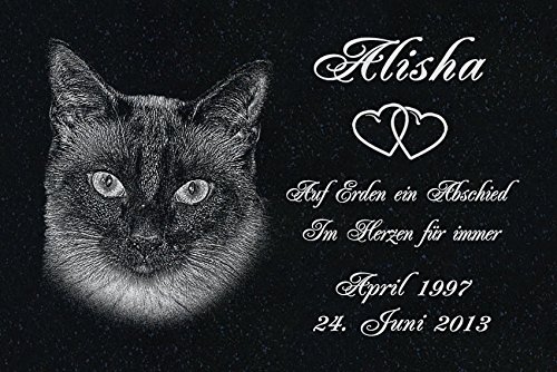 LaserArt24 Granit Grabstein - Grabplatte - Grabschmuck mit der Lasergravur des Motives Katze-ag10 (mit dem Musterbild oder Ihrem eigenen Foto - Siehe Auswahl) und Ihrem Foto/Text und Daten von LaserArt24