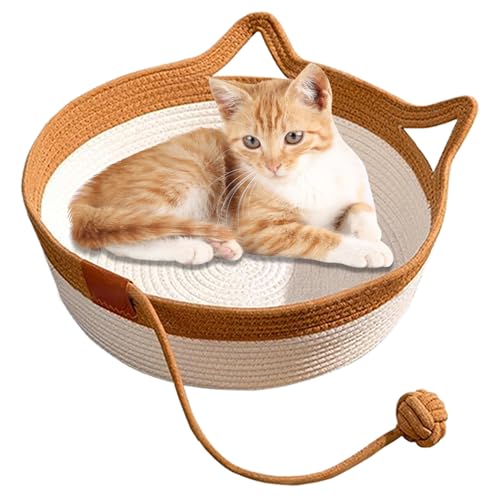 Handgewebtes Katzenbett mit Spielzeugschwanz, handgewebtes Baumwoll -Katzenkorbbett, Kätzchen -geformtes Haus natürlicher Baumwollwäsche Katze Kratzpolster, 13,8 x 5,1 Zoll niedliche Welpenbettmatte von Lawnrden