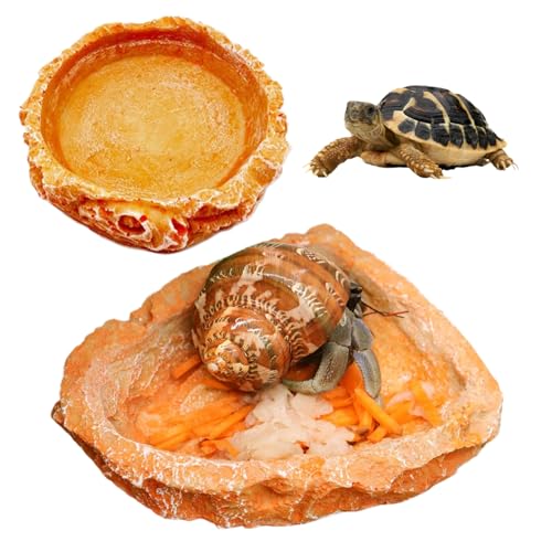 Reptilienwasser & Food Dish, 2pcs Harz Fütterung Einsiedler Krabben Wasserschale, realistische felförmige orange flache Reptilienbadung für Echsengecko bärtige Drache von Lawnrden