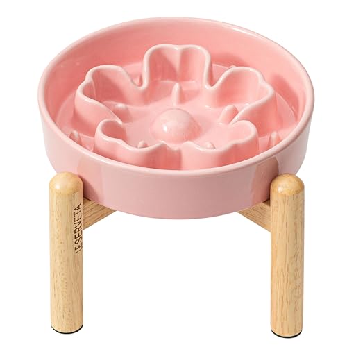 Le Serveta Cherry Blossom Slow Feeder Hundenapf, Slow Feeder mit Holzständer, Erhöhter Hundenapf Puzzle Futternapf, Futternapf für mittlere große Rasse, Rosa von Le Serveta