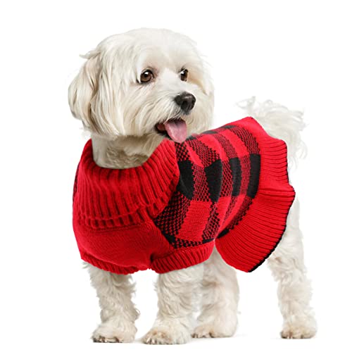 Hunde-Pullover-Kleid, Rollkragenpullover, Strickware, warmer Mantel für Herbst und Winter, niedliches klassisches Karomuster, Prinzessinnen-Stil, Haustier-Leine (rosa, rot) von LeLePet