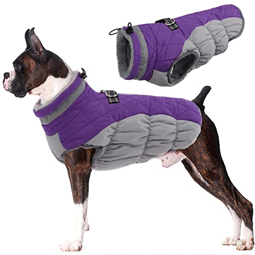 Lelepet Wasserdicht Hundemantel, Winter Winddicht Hundejacke mit Geschirr, Warme Reflektierend Schneeanzug Winterweste, Kaltes Wetter Hundepullover für Kleine Mittlere Große Hunde (Lila, L) von LeLePet