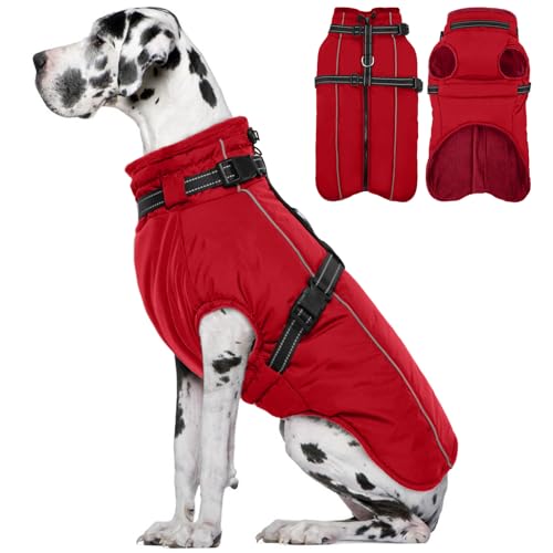 Lelepet Hundemantel für den Winter, Warme Hundejacke mit integriertem Geschirr, Winddicht Mantel mit Fleece Gefüttert für Hunde, Reflektierende Hundeweste für Kaltes Wetter, Rot 2XL von LeLePet