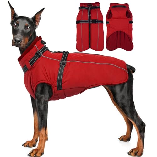 Lelepet Hundemantel für den Winter, Warme Hundejacke mit integriertem Geschirr, Winddicht Mantel mit Fleece Gefüttert für Hunde, Reflektierende Hundeweste für Kaltes Wetter, Rot XL von LeLePet