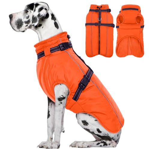 Lelepet Hundemantel für den Winter, Warme Hundejacke mit integriertem Geschirr, Winddicht Mantel mit Fleece Gefüttert für Hunde, Reflektierende Hundeweste für Kaltes Wetter, Orange 3XL von LeLePet