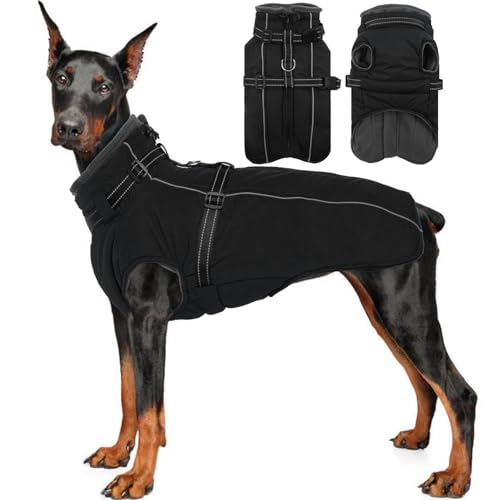 Lelepet Hundemantel für den Winter, Warme Hundejacke mit integriertem Geschirr, Winddicht Mantel mit Fleece Gefüttert für Hunde, Reflektierende Hundeweste für Kaltes Wetter, Schwarz 3XL von LeLePet