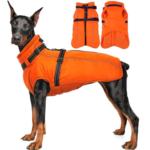 Lelepet Hundemantel für den Winter, Warme Hundejacke mit integriertem Geschirr, Winddicht Mantel mit Fleece Gefüttert für Hunde, Reflektierende Hundeweste für Kaltes Wetter, Orange M von LeLePet