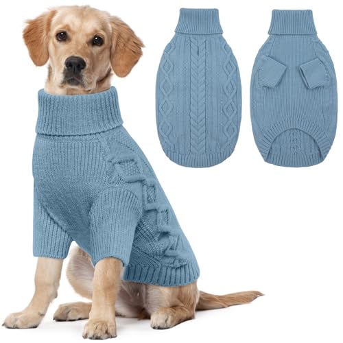 Lelepet Winter Hundepullover, Gestrickter Warm Hundepulli mit Rollkragen, Weihnachtspullover für kaltes Wetter, Weiche Hundestrickwaren, Hundemantel Sweater Haustier Bekleidung, Blau 2XL von LeLePet