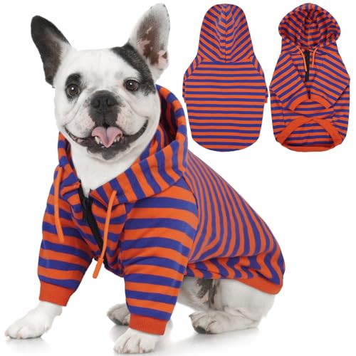 Lelepet Kapuzenpullover für Hunde mit französischer Bulldogge, gestreiftes Hunde-Sweatshirt mit Reißverschluss, weicher Hundepullover mit Kapuze für Hunde, Gemütliches Welpenshirt, Orange XS von LeLePet