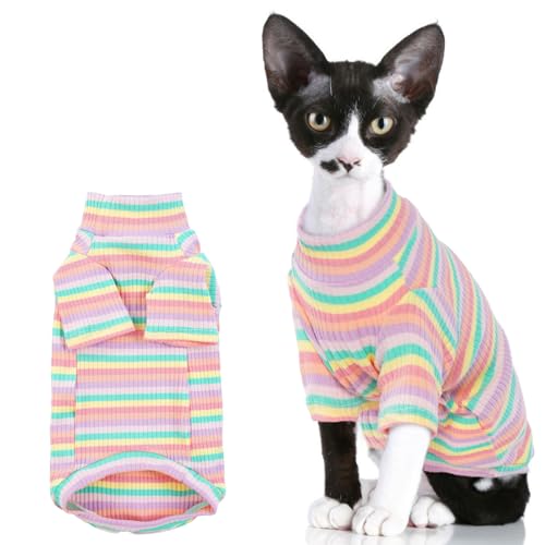 Lelepet Sphynx Katzenkleidung, weiches haarloses Katzen-Baumwoll-T-Shirt, Regenbogenstreifen, Katzenweste, Shirt mit Ärmeln, Rollkragen-Katzen-Pyjama, Jumpsuit-Outfit für Sphynx, Cornish Rex, Devon von LeLePet