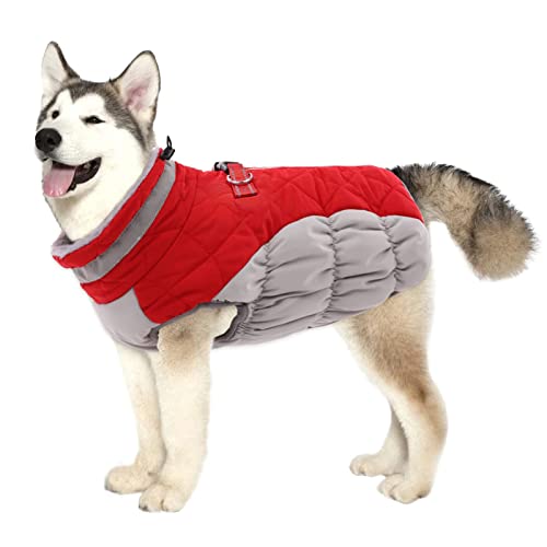 Lelepet Wasserdicht Hundemantel, Winter Winddicht Hundejacke mit Geschirr, Warme Reflektierend Schneeanzug Winterweste, Kaltes Wetter Hundepullover für Kleine Mittlere Große Hunde (Rot, L) von LeLePet