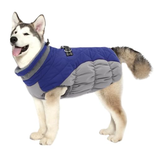 Lelepet Wasserdicht Hundemantel, Winter Winddicht Hundejacke mit Geschirr, Warme Reflektierend Schneeanzug Winterweste, Kaltes Wetter Hundepullover für Kleine Mittlere Große Hunde (Blau, L) von LeLePet