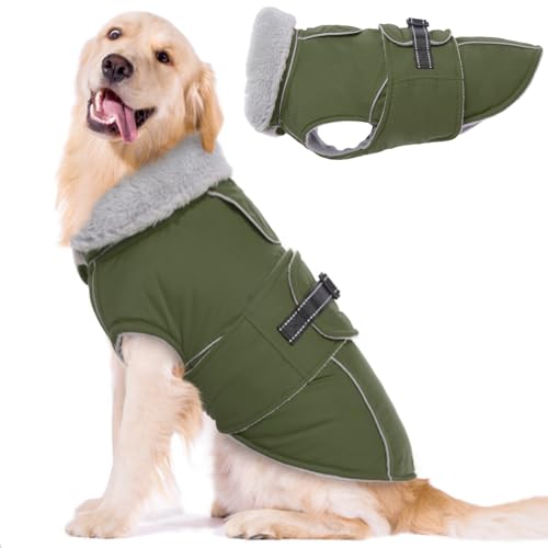 Lelepet Hundemantel Winterweste Reflektierende Fleece Hundejacke für Große Hunde Wasserdicht Hundejacke Wintermantel Warme Winterjacke mit Verstellbarer Schnalle, Armeegrün 2XL von LeLePet