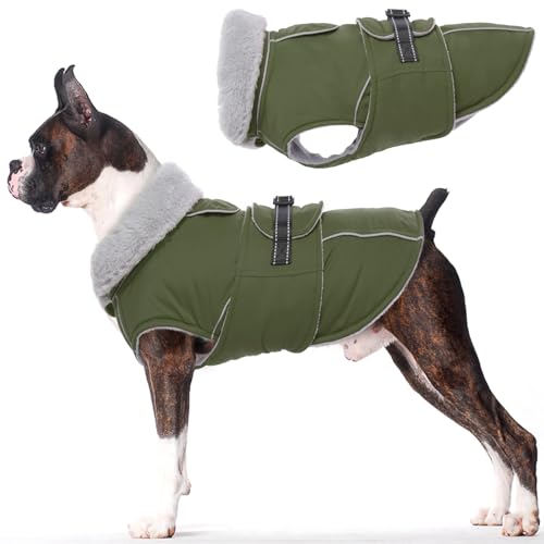 Lelepet Warmer Hundemantel, Reflektierende Hundefleeceweste Wasserdicht Hundejacke Wintermantel, Hund Kaltwettermantel mit Verstellbarer Schnalle Fleecefutter Hund Schneeanzug (Armeegrün, M) von LeLePet