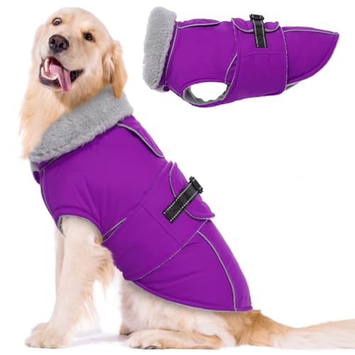 Lelepet Warmer Hundemantel, Reflektierende Hundefleeceweste Wasserdicht Hundejacke Winddicht Wintermantel, Hund Kaltwettermantel mit Verstellbarer Schnalle Fleecefutter Hund Schneeanzug (Lila, 2XL) von LeLePet