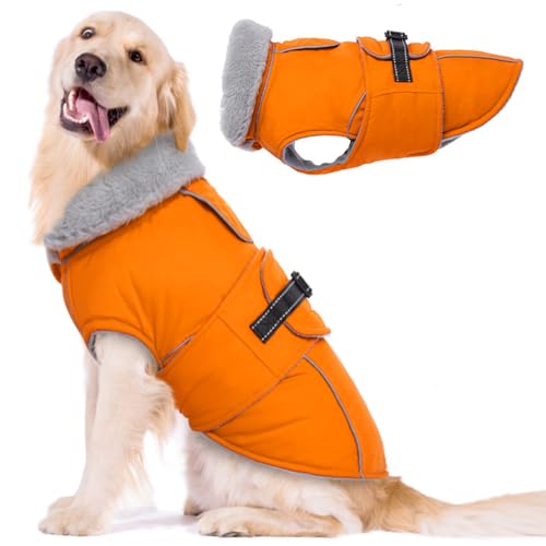 Lelepet Warmer Hundemantel, Reflektierende Hundefleeceweste Wasserdicht Hundejacke Winddicht Wintermantel, Hund Kaltwettermantel mit Verstellbarer Schnalle Fleecefutter Hund Schneeanzug (Orange, 2XL) von LeLePet