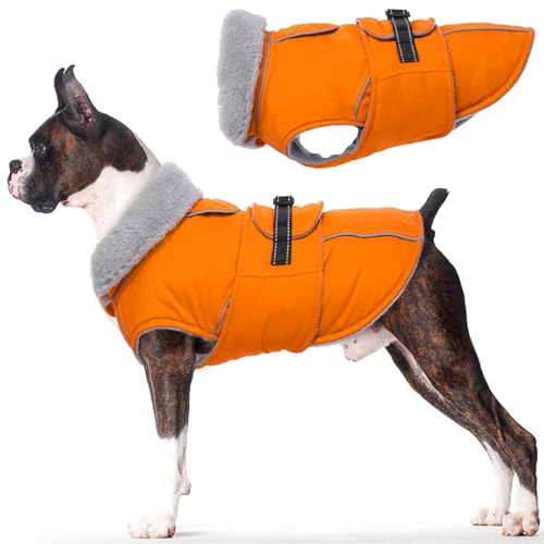 Lelepet Warmer Hundemantel, Reflektierende Hundefleeceweste Wasserdicht Hundejacke Winddicht Wintermantel, Hund Kaltwettermantel mit Verstellbarer Schnalle Fleecefutter Hund Schneeanzug (Orange, L) von LeLePet