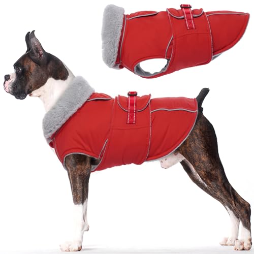 Lelepet Warmer Hundemantel, Reflektierende Hundefleeceweste Wasserdicht Hundejacke Winddicht Wintermantel, Hund Kaltwettermantel mit Verstellbarer Schnalle Fleecefutter Hund Schneeanzug (Rot, L) von LeLePet